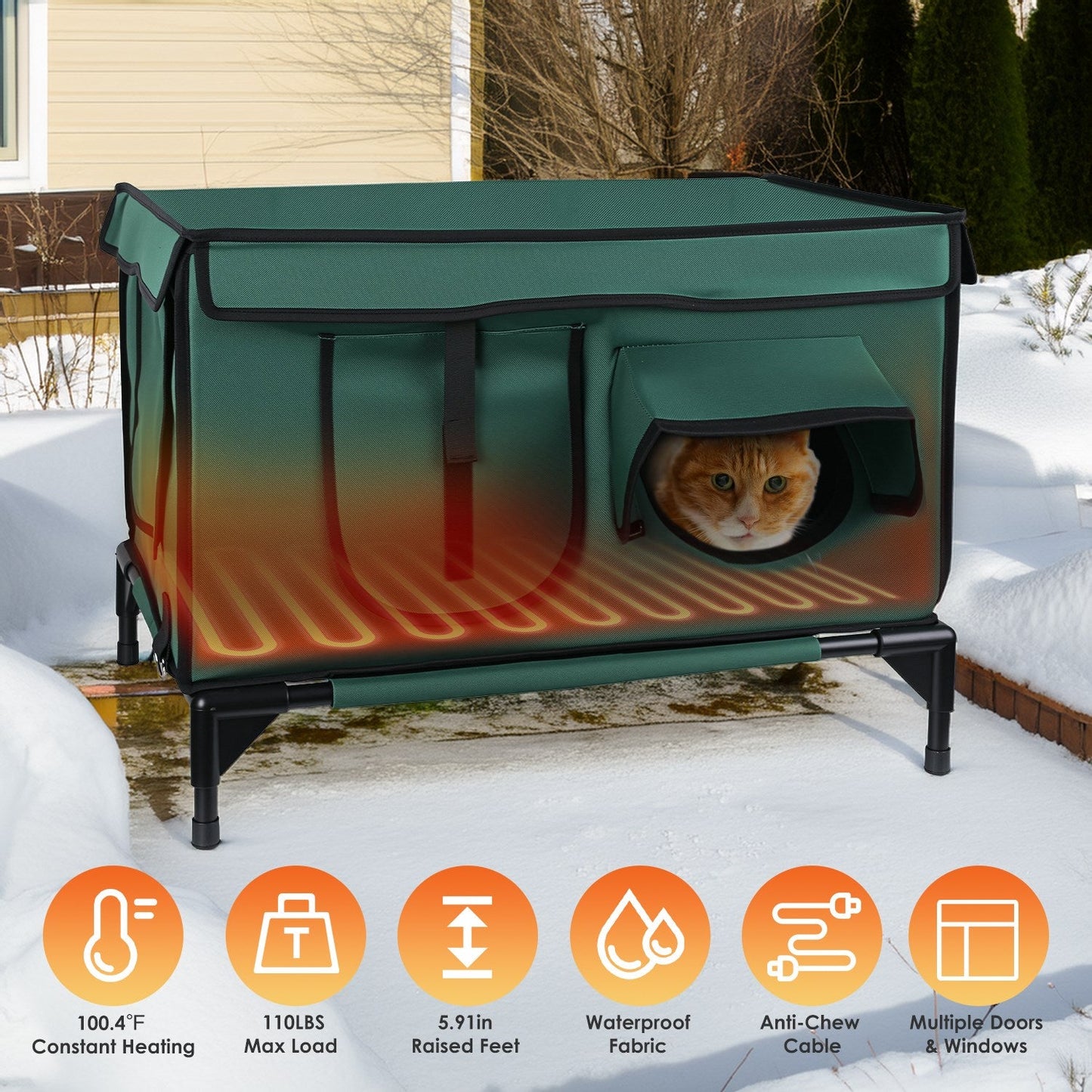 Waterproof Heated Cat Outdoor house- weatherproof, Heating Bed with Heating Pad Anti-Chew Cord 2 Doors 3 Windows