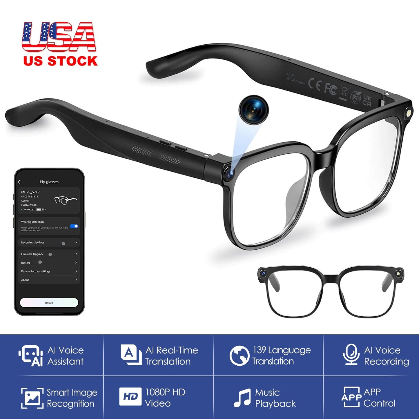 AI Smart Glasses Video Recording Sunglasses with Camera and Audio