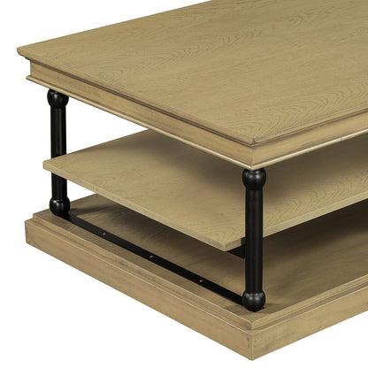 55.1" Wood Coffee Table with Black Legs and Open Storage Shelves