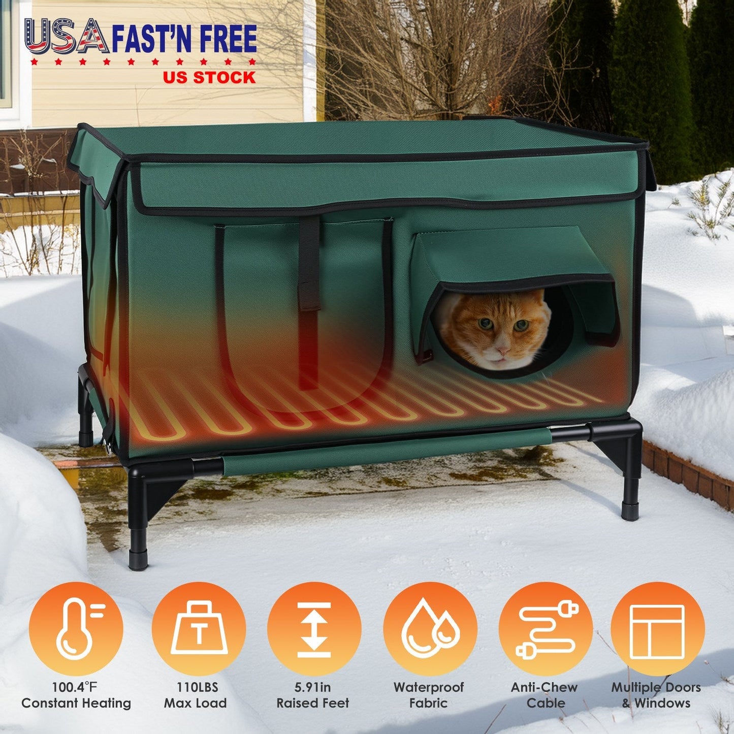Waterproof Heated Cat Outdoor house- weatherproof, Heating Bed with Heating Pad Anti-Chew Cord 2 Doors 3 Windows