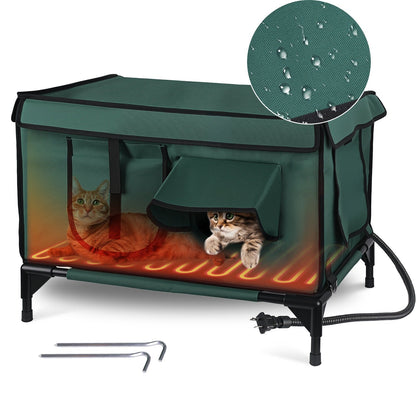 Waterproof Heated Cat Outdoor house- weatherproof, Heating Bed with Heating Pad Anti-Chew Cord 2 Doors 3 Windows