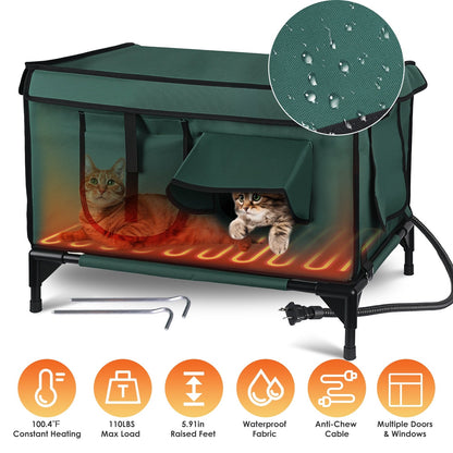 Waterproof Heated Cat Outdoor house- weatherproof, Heating Bed with Heating Pad Anti-Chew Cord 2 Doors 3 Windows
