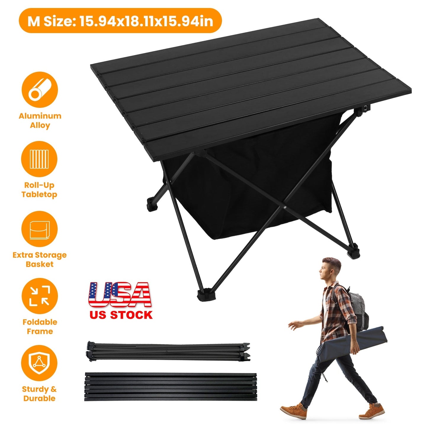 Foldable Camping Table With Storage Basket With Carrying Bag-Rustproof