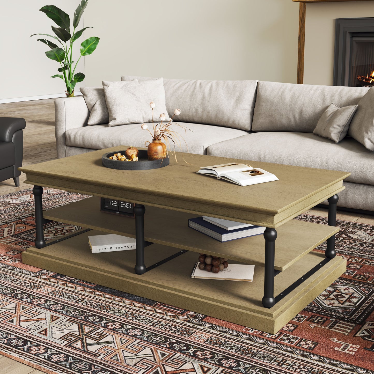 55.1" Wood Coffee Table with Black Legs and Open Storage Shelves
