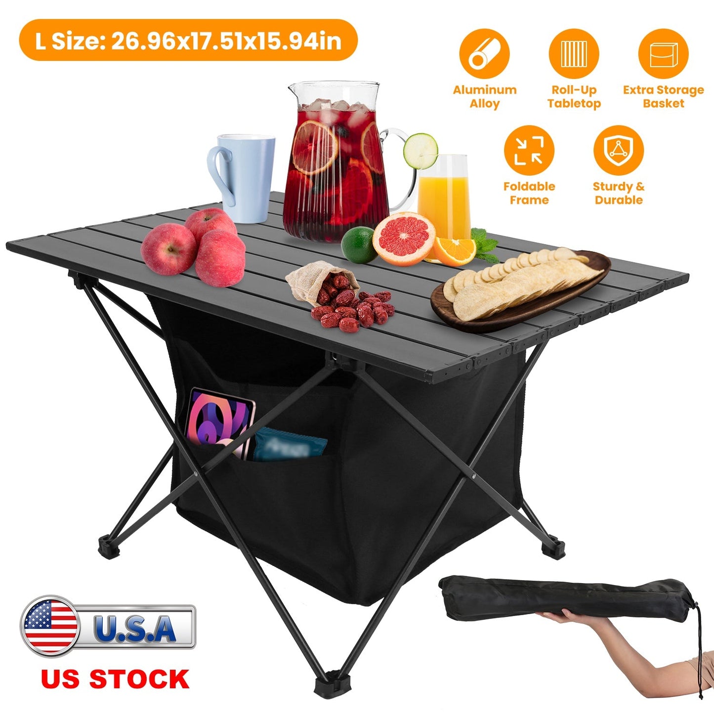 Foldable Camping Table With Storage Basket With Carrying Bag-Rustproof