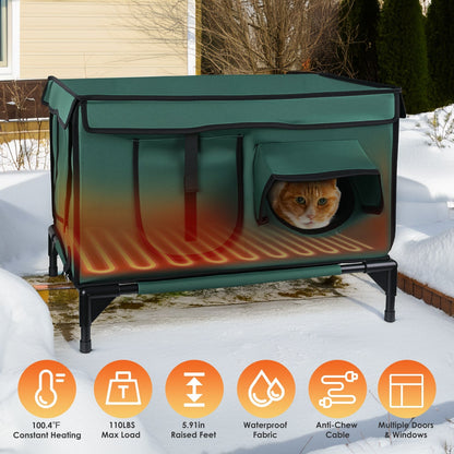 Waterproof Heated Cat Outdoor house- weatherproof, Heating Bed with Heating Pad Anti-Chew Cord 2 Doors 3 Windows