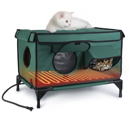 Waterproof Heated Cat Outdoor house- weatherproof, Heating Bed with Heating Pad Anti-Chew Cord 2 Doors 3 Windows