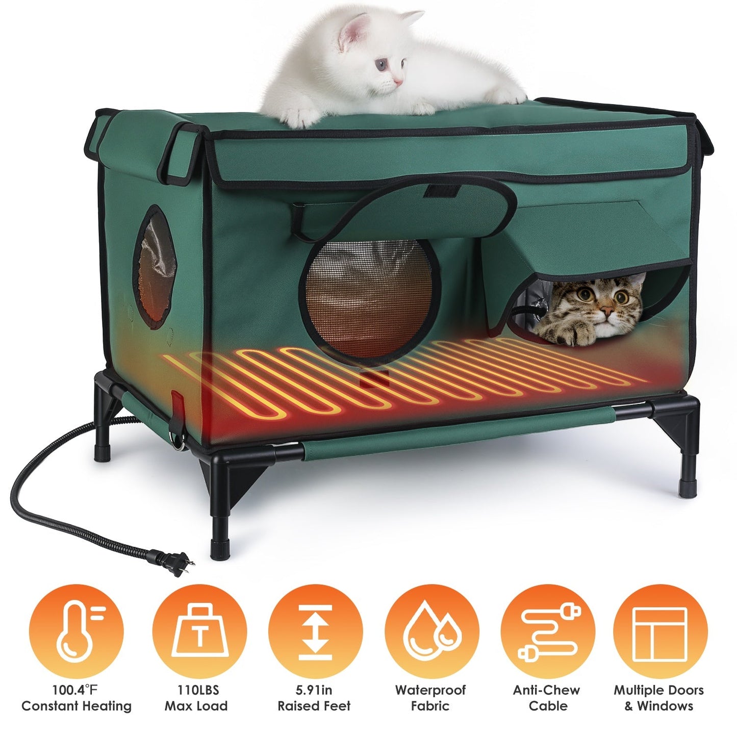 Waterproof Heated Cat Outdoor house- weatherproof, Heating Bed with Heating Pad Anti-Chew Cord 2 Doors 3 Windows