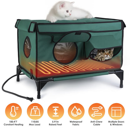 Waterproof Heated Cat Outdoor house- weatherproof, Heating Bed with Heating Pad Anti-Chew Cord 2 Doors 3 Windows