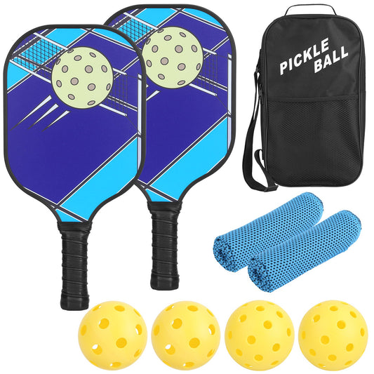 Pickleball Set 2 Fiberglass Paddles 4 Outdoor/Indoor Balls- Portable Carry Bag 2 Cooling Towels