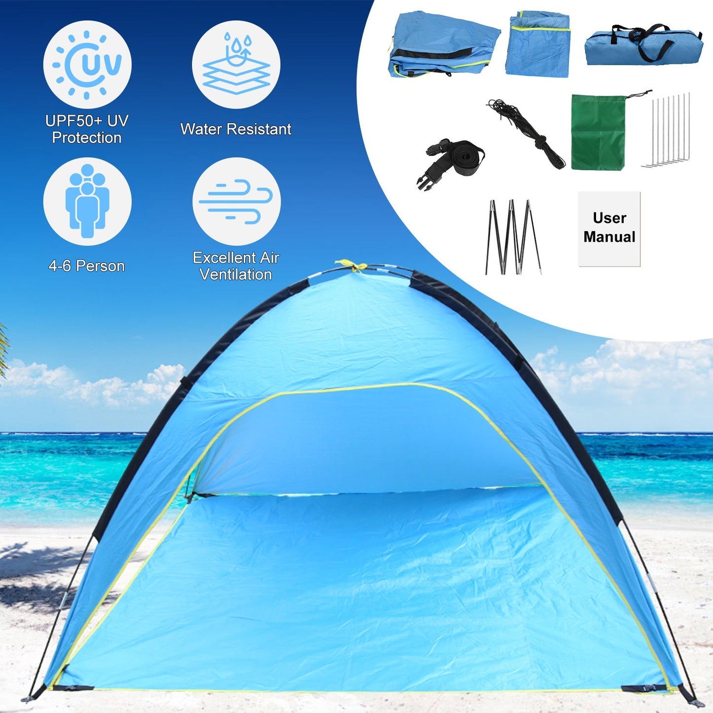 Beach Tent Canopy for 4-6 Person with 3 Door Openings & Carrying Bag