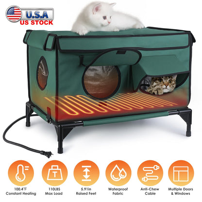 Waterproof Heated Cat Outdoor house- weatherproof, Heating Bed with Heating Pad Anti-Chew Cord 2 Doors 3 Windows