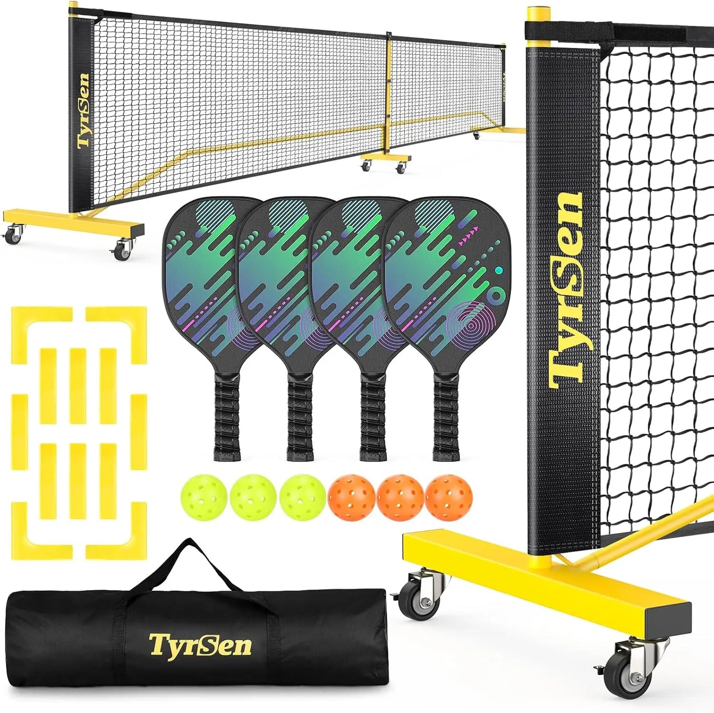 Portable Pickleball Net Set, Includes 4 Paddles & 6 Balls