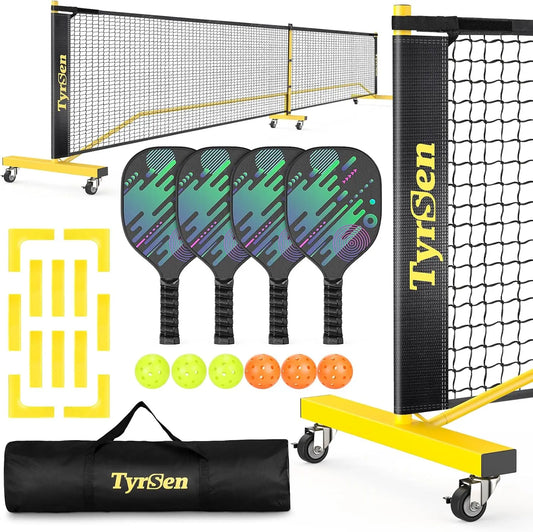 Portable Pickleball Net Set, Includes 4 Paddles & 6 Balls