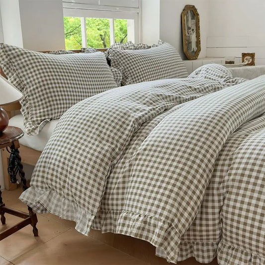 Gingham Ruffle Duvet Cover Set - Queen