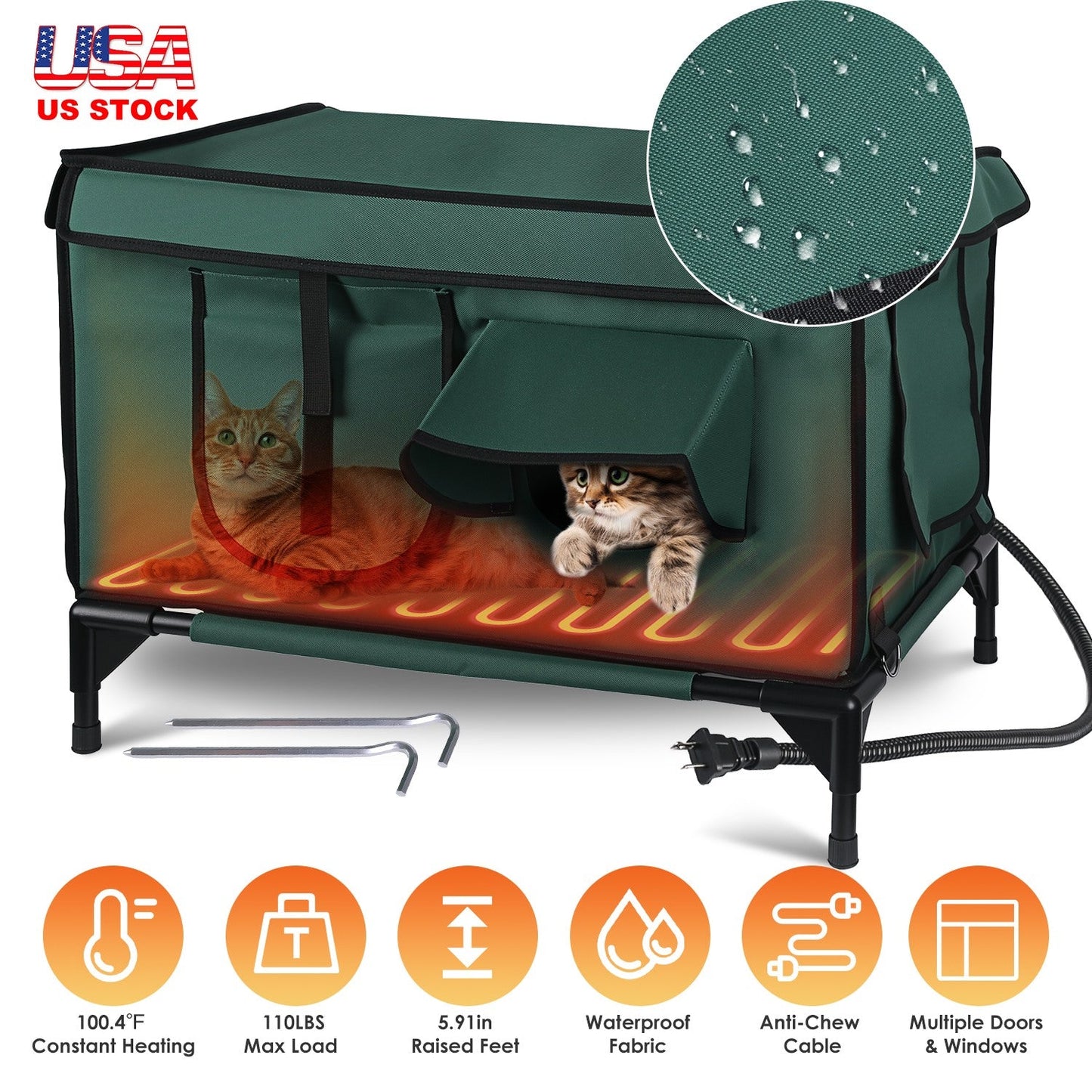 Waterproof Heated Cat Outdoor house- weatherproof, Heating Bed with Heating Pad Anti-Chew Cord 2 Doors 3 Windows