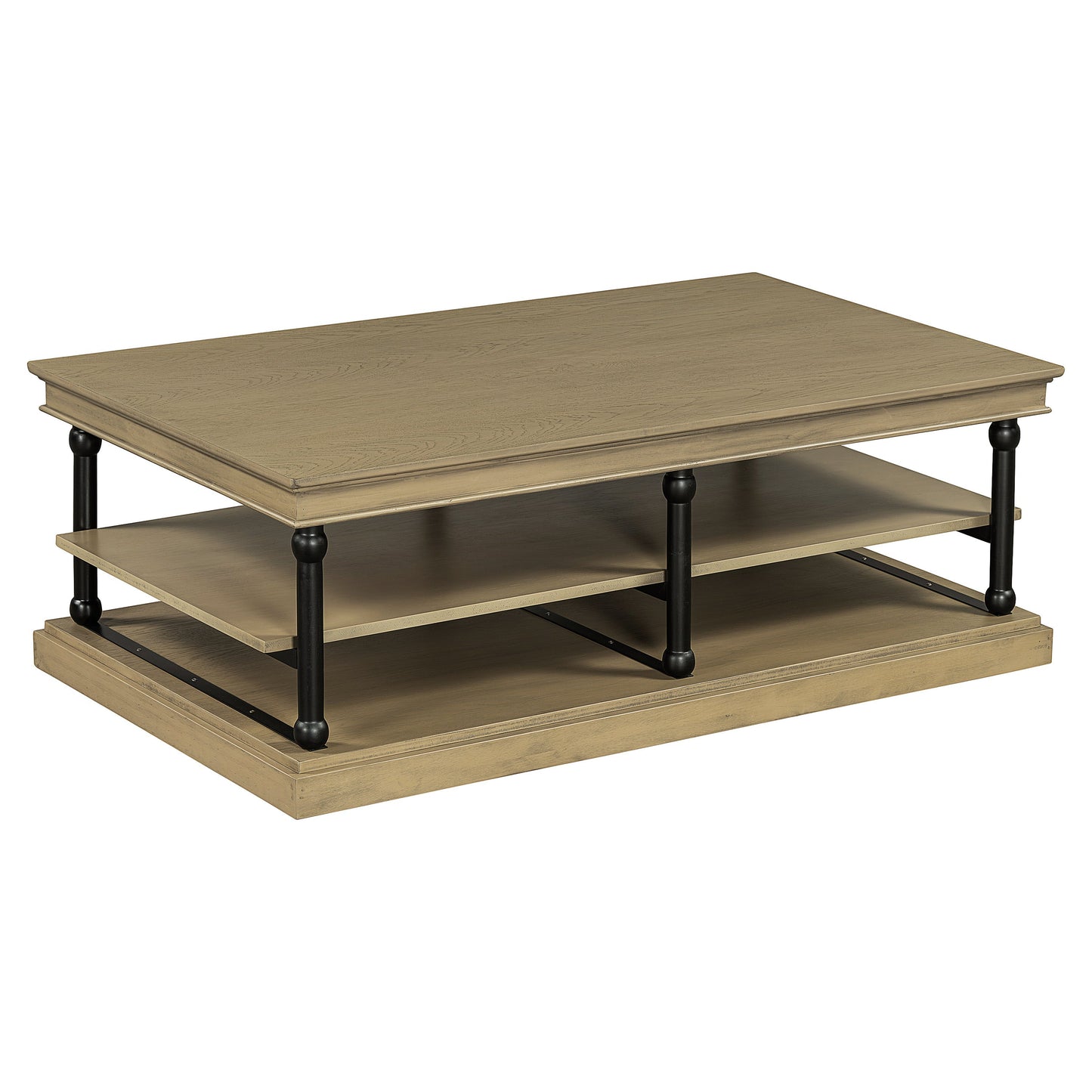 55.1" Wood Coffee Table with Black Legs and Open Storage Shelves