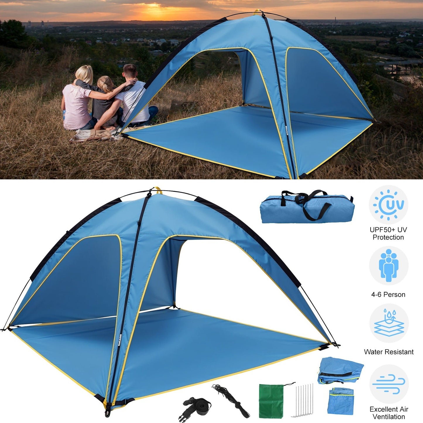 Beach Tent Canopy for 4-6 Person with 3 Door Openings & Carrying Bag