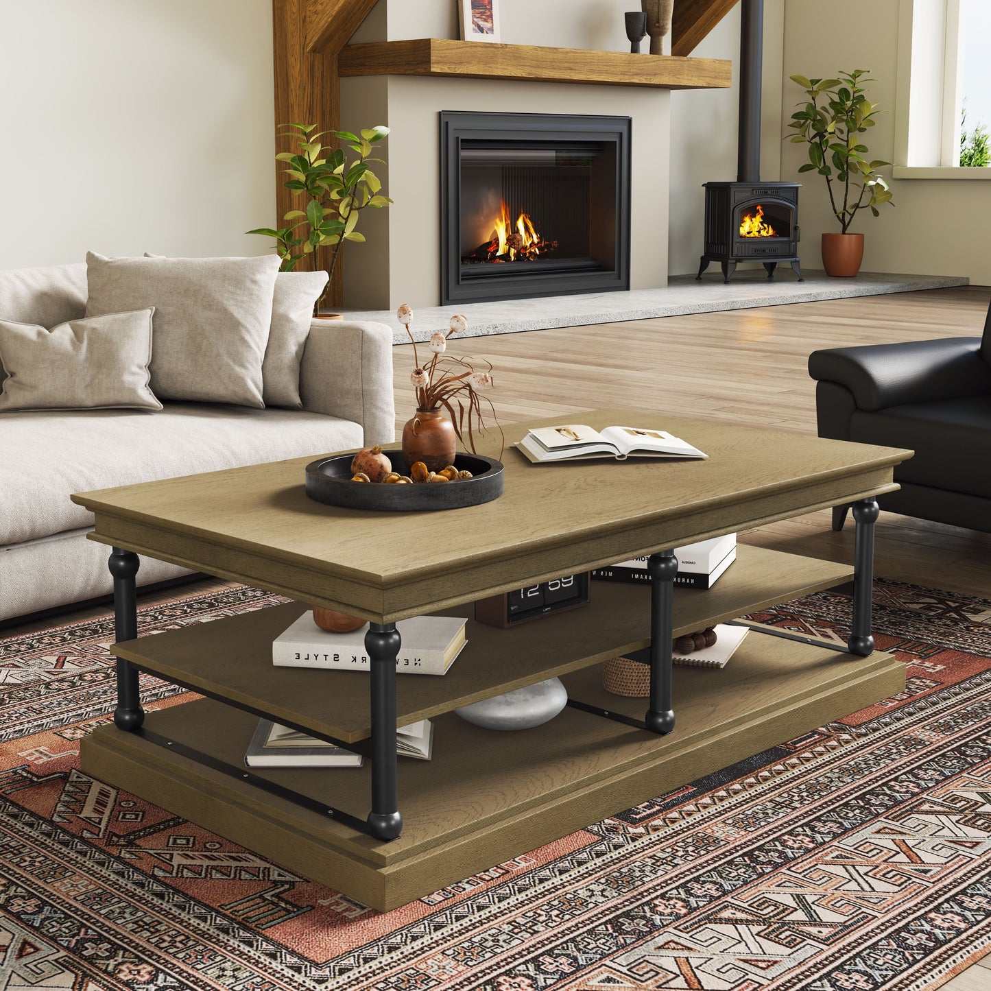 55.1" Wood Coffee Table with Black Legs and Open Storage Shelves