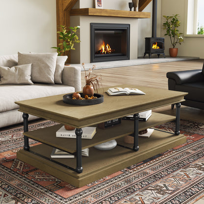 55.1" Wood Coffee Table with Black Legs and Open Storage Shelves