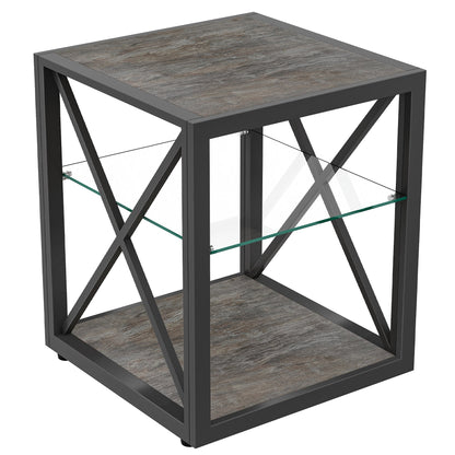 Modern End Table Nightstand with Tempered Glass & Wood Grain MDF