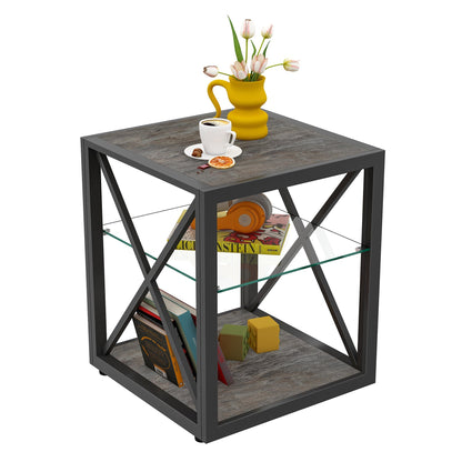 Modern End Table Nightstand with Tempered Glass & Wood Grain MDF