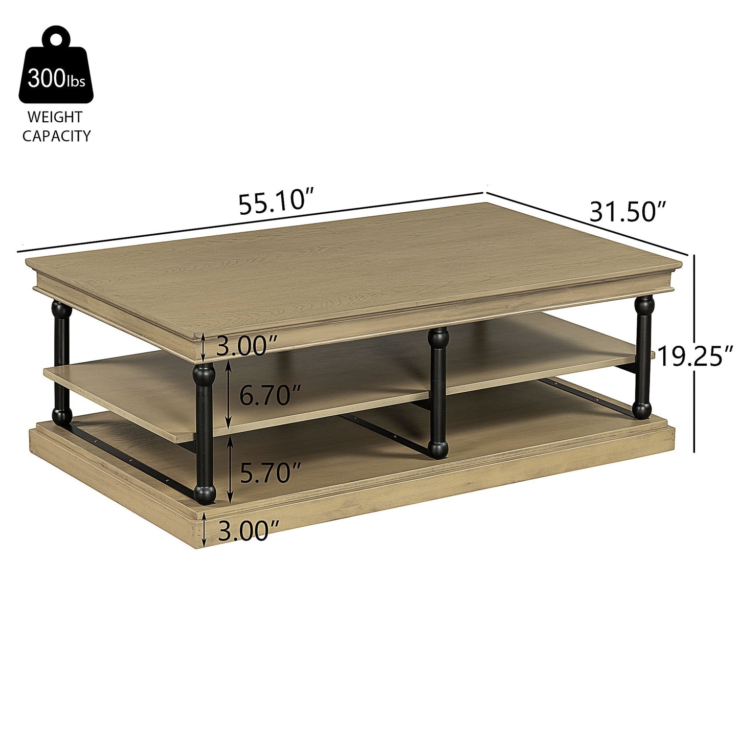 55.1" Wood Coffee Table with Black Legs and Open Storage Shelves
