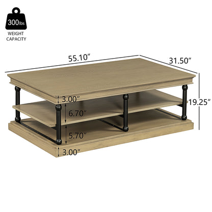 55.1" Wood Coffee Table with Black Legs and Open Storage Shelves