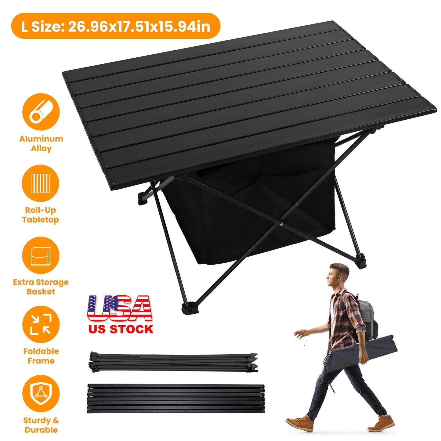 Foldable Camping Table With Storage Basket With Carrying Bag-Rustproof